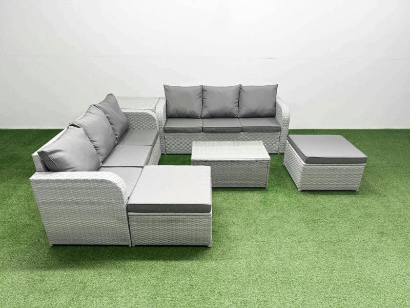 Fimous 8 Seater Rattan Lounge Set, Wicker, Coffee Table, High Back Lounge Sofa, 2 Big Footstools and Side Table, Light Grey