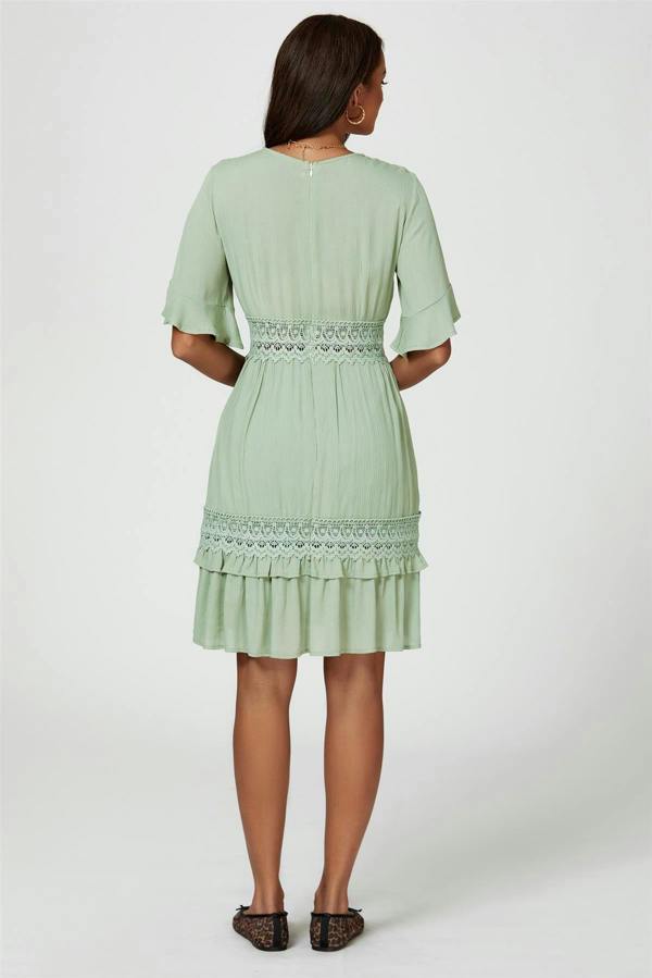 FS Collection V Neck Lace Mini Dress In Green