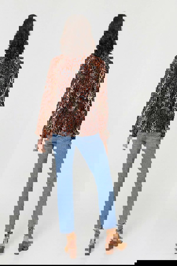 Brown | Animal Print Long Sleeve Tie Neck Blouse
