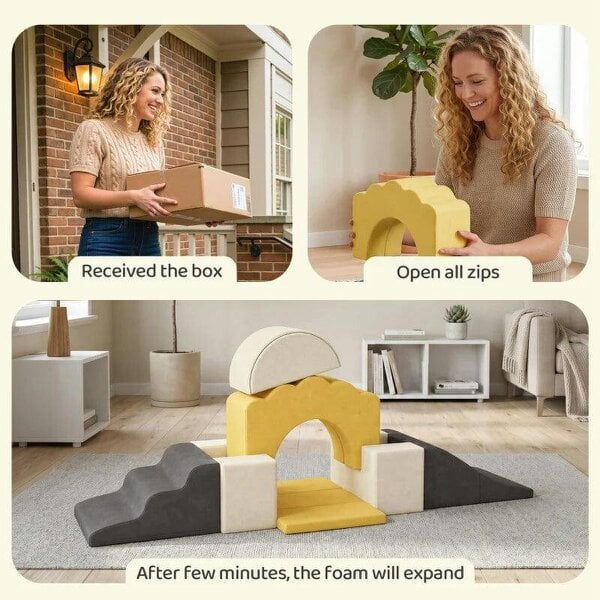 7 Piece Kids Soft Play Set with Detachable Cover, Baby Indoor Climb and Crawl Foam Toy for Toddlers, Yellow
