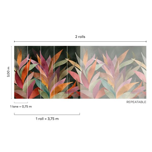 Grandeco Boutique Mahon Botanical Leaves 5 Lane Repeatable Mural 3.75 x 3m, Multi