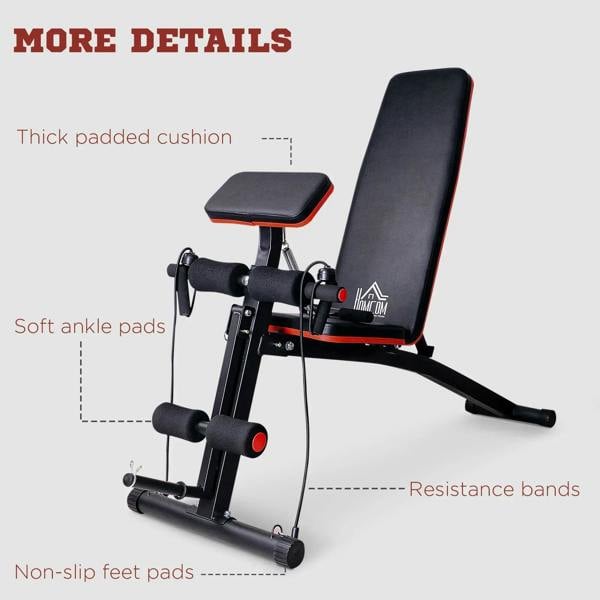 Adjustable weight bench with thick padded seat, soft ankle pads, non-slip feet, resistance bands