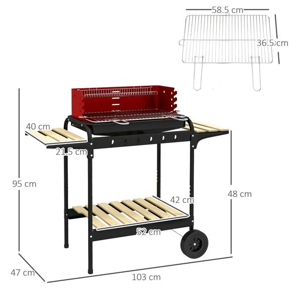 Red charcoal BBQ grill with five-position grate height adjustment