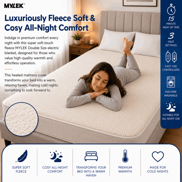 Mylek Electric Blanket Double Bed Premium Fleece Underblanket Dual Control with Elasticated Skirt