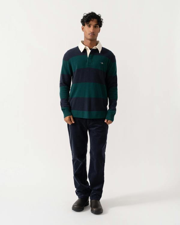 Man wearing GANT Mens Barstripe Lambswool Rugger - 321 Dark Emerald