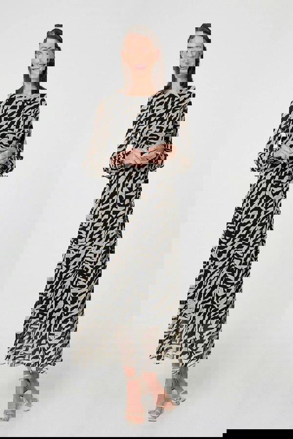 Black | Zebra Print Layered Tie Waist Maxi Dress
