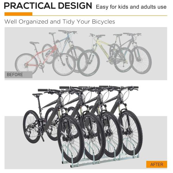 Silver bicycle parking rack organizing multiple bikes in neat rows