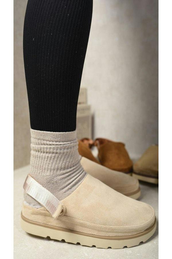 Delilah Faux Fur Slingback Closed Toe Clogs - Beige