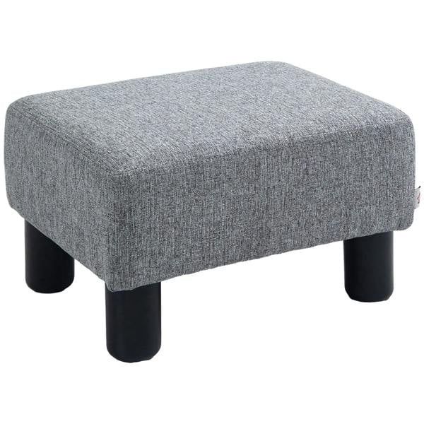 Grey linen ottoman footstool cube on four black legs, padded seat cushion