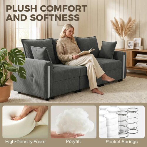 HOMCOM  3 Seater Sofa with Lift-Up Storage, 228 cm Velvet Couch, Dark Grey