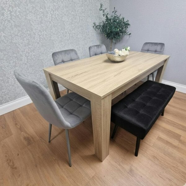 Kosy Koala Oak Effect Dining Table With 4 Grey Velvet Chairs And 1 Black Bench Dining Room Furniture