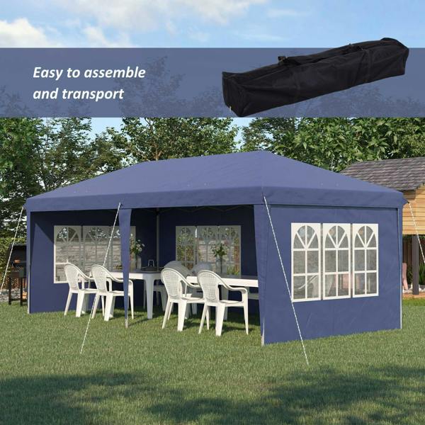 Blue pop-up gazebo tent with white window panels and included black storage bag