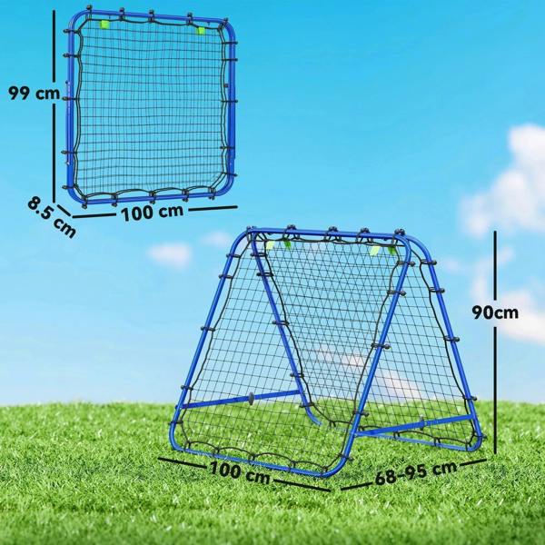 Blue football rebounder goal net with frame dimensions shown