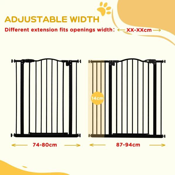 Black pressure-fit dog stair gate with vertical bars and adjustable width extension