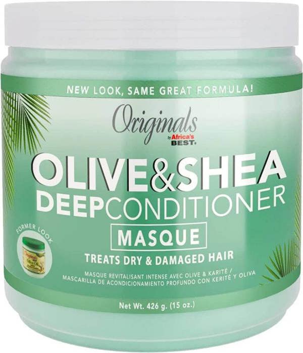 Olive & Shea Deep Conditioner Masque jar with green label and white lid.