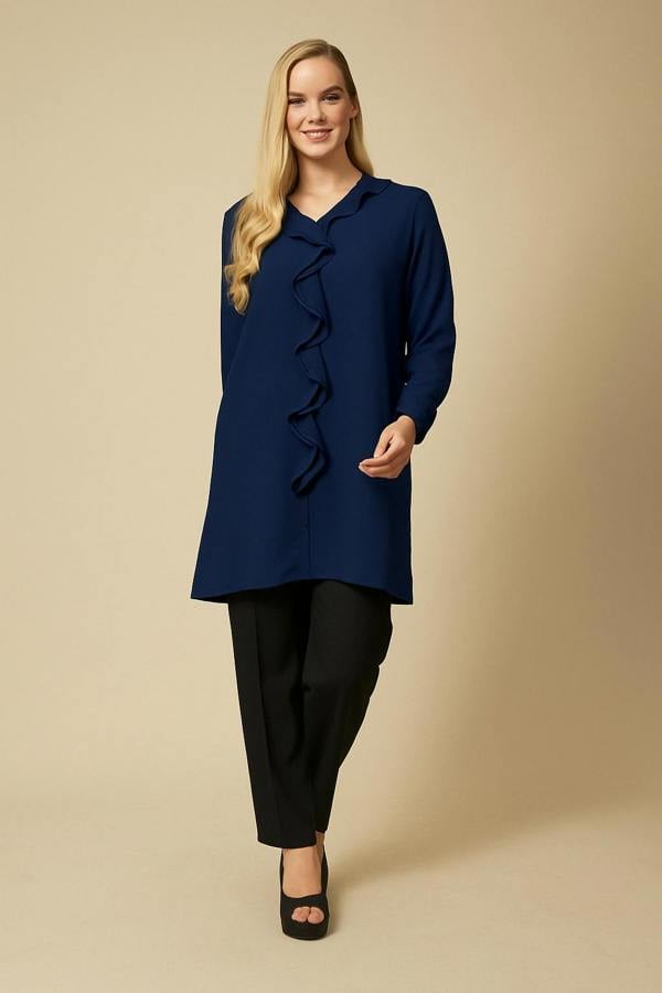 Hoxton Gal Relaxed Fit Tunic with Frill Details in Navy