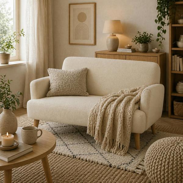 Wyld Haus Zipato Velvet Cream Compact 2 Seater Sofa With Extra Thick Padding And Wooden Legs