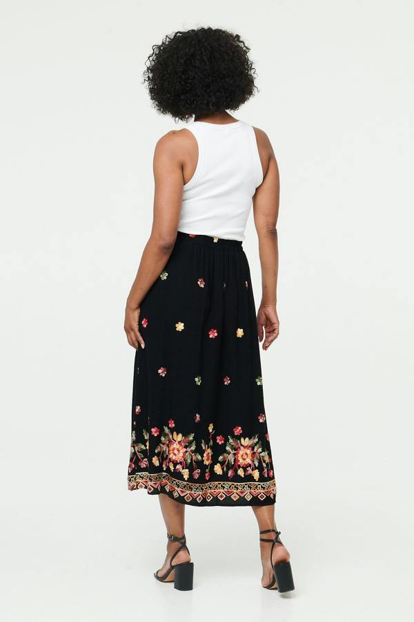 Black | Floral High Waist A-Line Midi Skirt