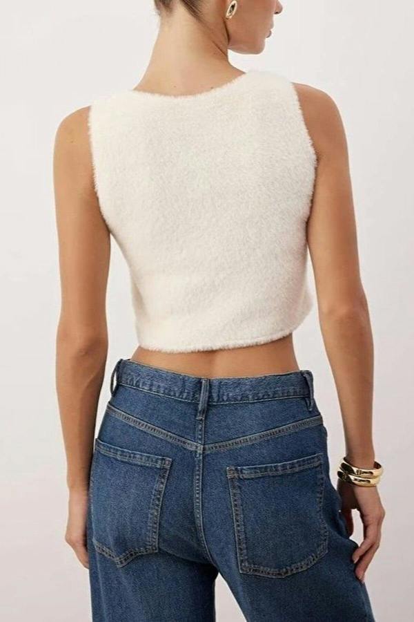 WOVCOR Plush Fitted Super Crop Knit Vest with Button Detail