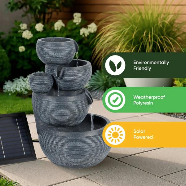 Gardenwize Solar Powered 4-Tier Cascading Bowl Water Feature with Battery Backup & LED Lights, Self-Contained Outdoor Garden Water Feature
