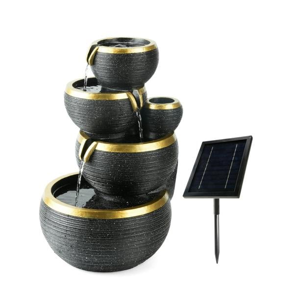 Gardenwize Black and Gold 4-Tier Cascading Solar Water Feature with Battery Backup and LED Lights