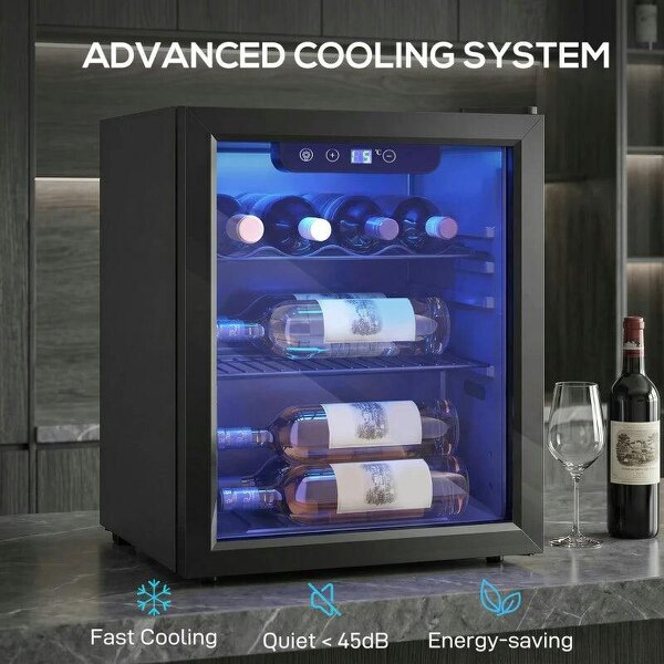 16 Bottle Wine Cooler, 48 Litre Capacity, 4-16°C Tabletop Counter Drinks Wine Fridge with Glass Door, LED Light, Black