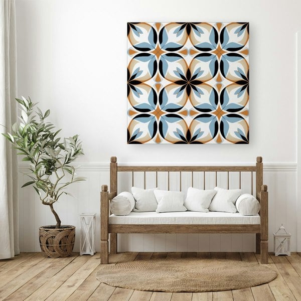 Warren Reed White Brown and Blue Geometric Pattern Canvas