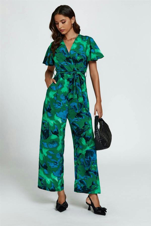 FS Collection Abstract Print Wrap Top Jumpsuit In Green