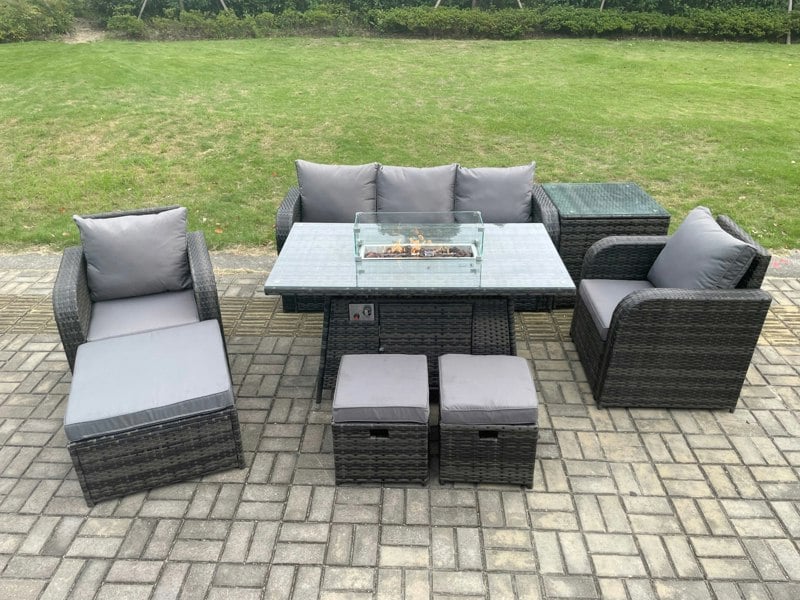 Fimous Wicker Rattan Garden Furniture Sofa Set Gas Fire Pit Dining Table Indoor Outdoor with Side Table Chair 3 Footstools