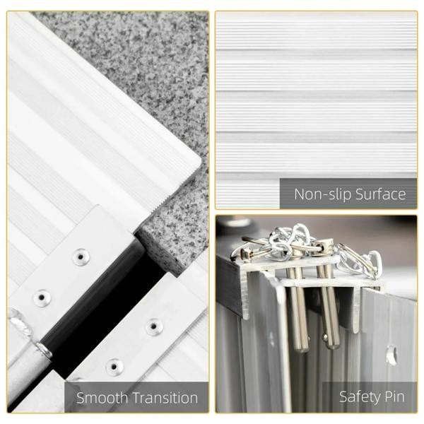 Aluminum ramp with smooth transition edge, non-slip ribbed surface, and safety pin
