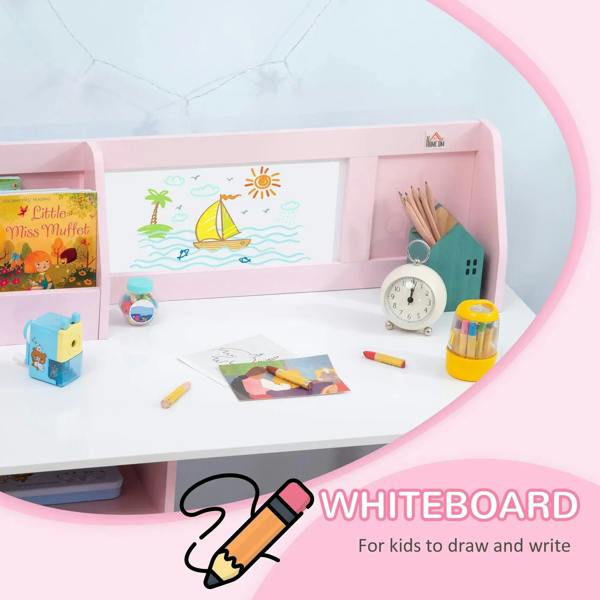 Kids whiteboard desk with pink frame and illustrated board, with storage shelves