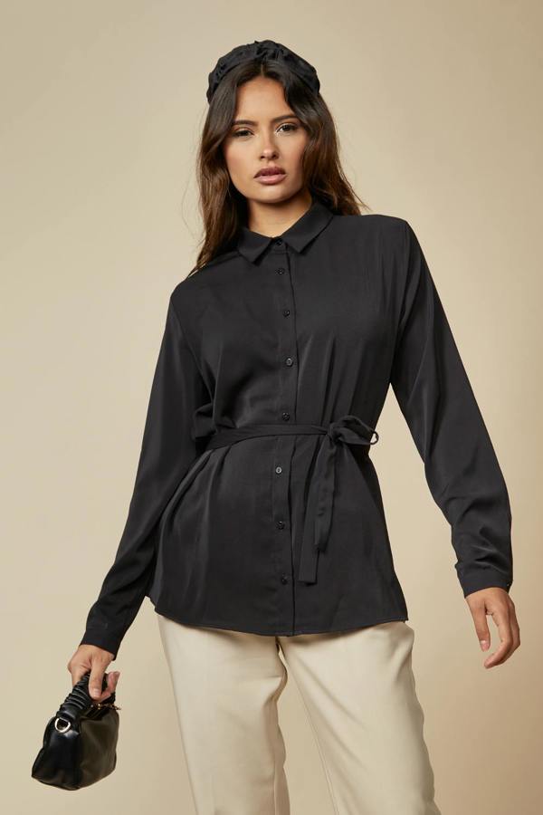 Hoxton Gal Oversized Belt Detailed Long Sleeves Shirt Top in Black