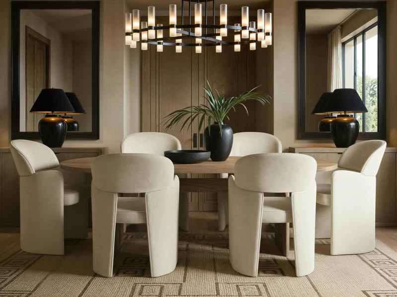 Varm & Estella Extendable Dining Table with Velvet Chairs Beige Table with 6 Chairs