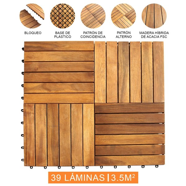 Natural acacia wood decking tiles in warm brown tones, featuring interlocking design for easy installation and a smooth finish