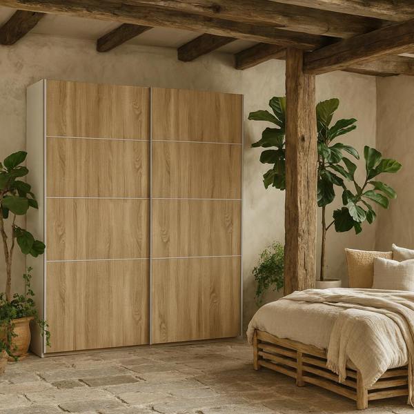Wyld Haus Bordeaux Wide Natural Oak Double Sliding Door Wardrobe 180cm 5 Shelves