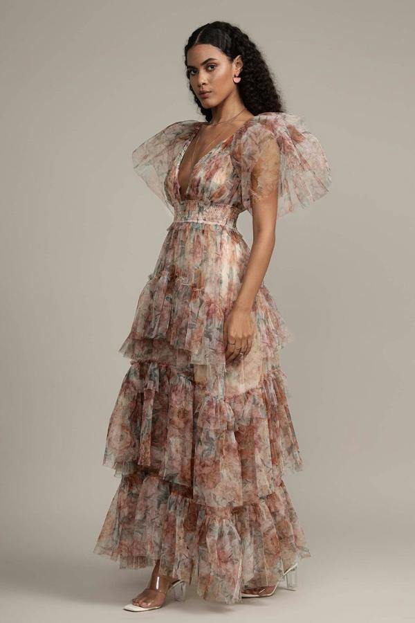 BALOU Womens Floral Tulle Maxi Dress
