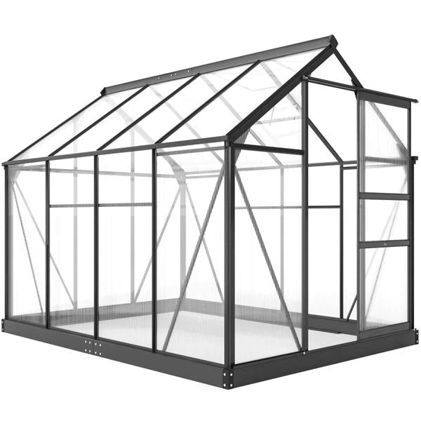 Large walk-in greenhouse with grey aluminum frame and clear polycarbonate panels, slanted roof
