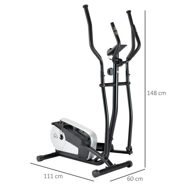 Black elliptical cross trainer with extended frame and integrated foot pedals