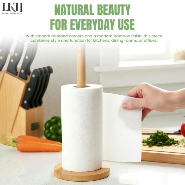 LKH HOME COLLECTION Bamboo Kitchen Roll Holder – Freestanding Paper Towel Holder with Sturdy Base - Organic Natural Bamboo Tissue Stand