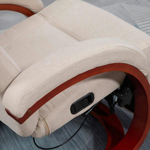 Close-up of beige upholstered recliner armrest and control panel on wooden base
