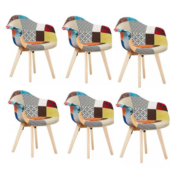 Life Interiors Set of 6 Patchwork Multicolor Fabaric Upholstered Accent Chairs with Wooden Legs, Mid-Century Modern Armchair