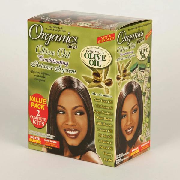 Box of Organics Best Olive Oil Conditioning Relaxer System with a woman's face on the packaging.