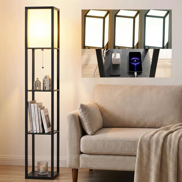 HOMCOM Floor Lamp with 3-Tier Storage Shelf for Home Office - Black