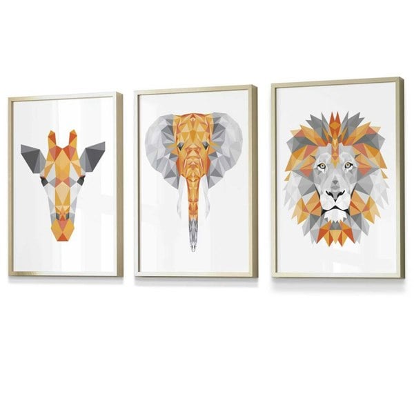 Artze Wall Art Framed Geometric set of 3 ORANGE Giraffe Lion Elephant