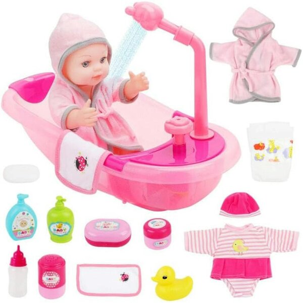 deAO Toys Baby Doll Bath Set – 11PCS Pretend Play with Realistic Doll, Bathtub, Bathrobe & Accessories, Role-Play Toy for Toddlers & Kids