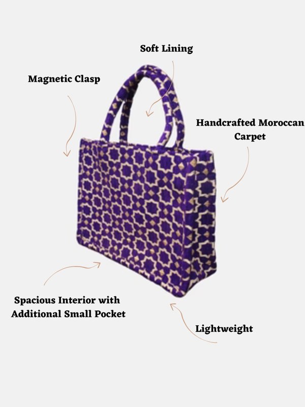 Berber Leather Moroccan Geometric Print Fabric Tote Bag in Purple