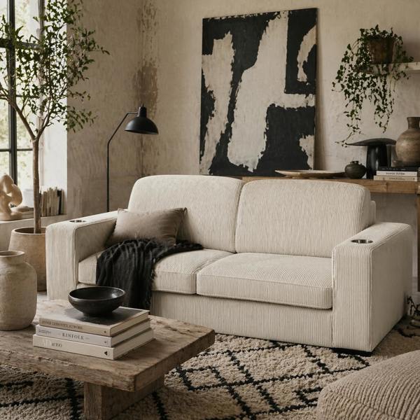 Wyld Haus Tocomo Corduroy Cream Upholstered 3 Seater Sofa
