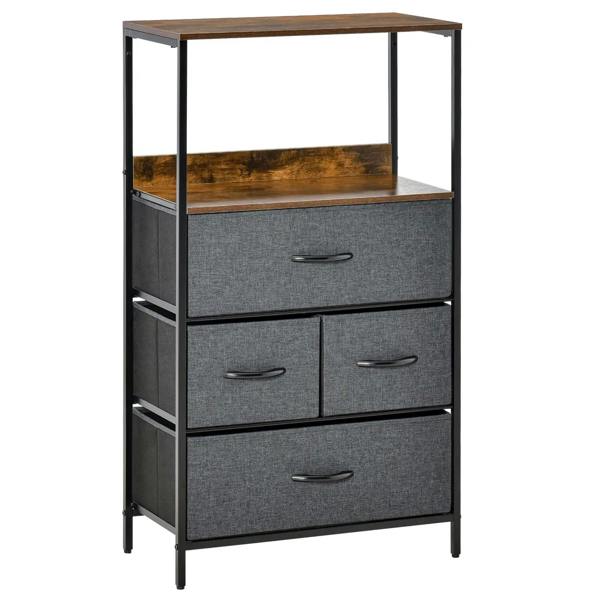 Black storage cabinet with open shelf and three gray fabric drawers, metal pull handles