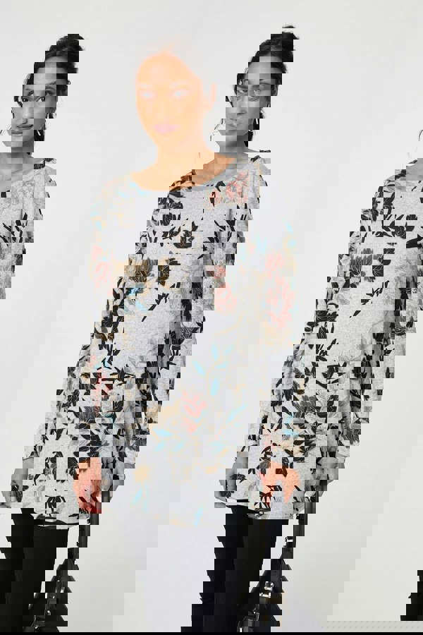 Grey | Floral Wide Neck Relaxed Long Sleeve Top
