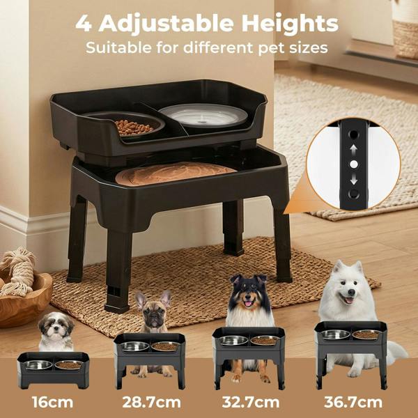 Skylos Raised Dog Bowl 4-Height Adjustable Feeding Station Full Set 1600ml Black